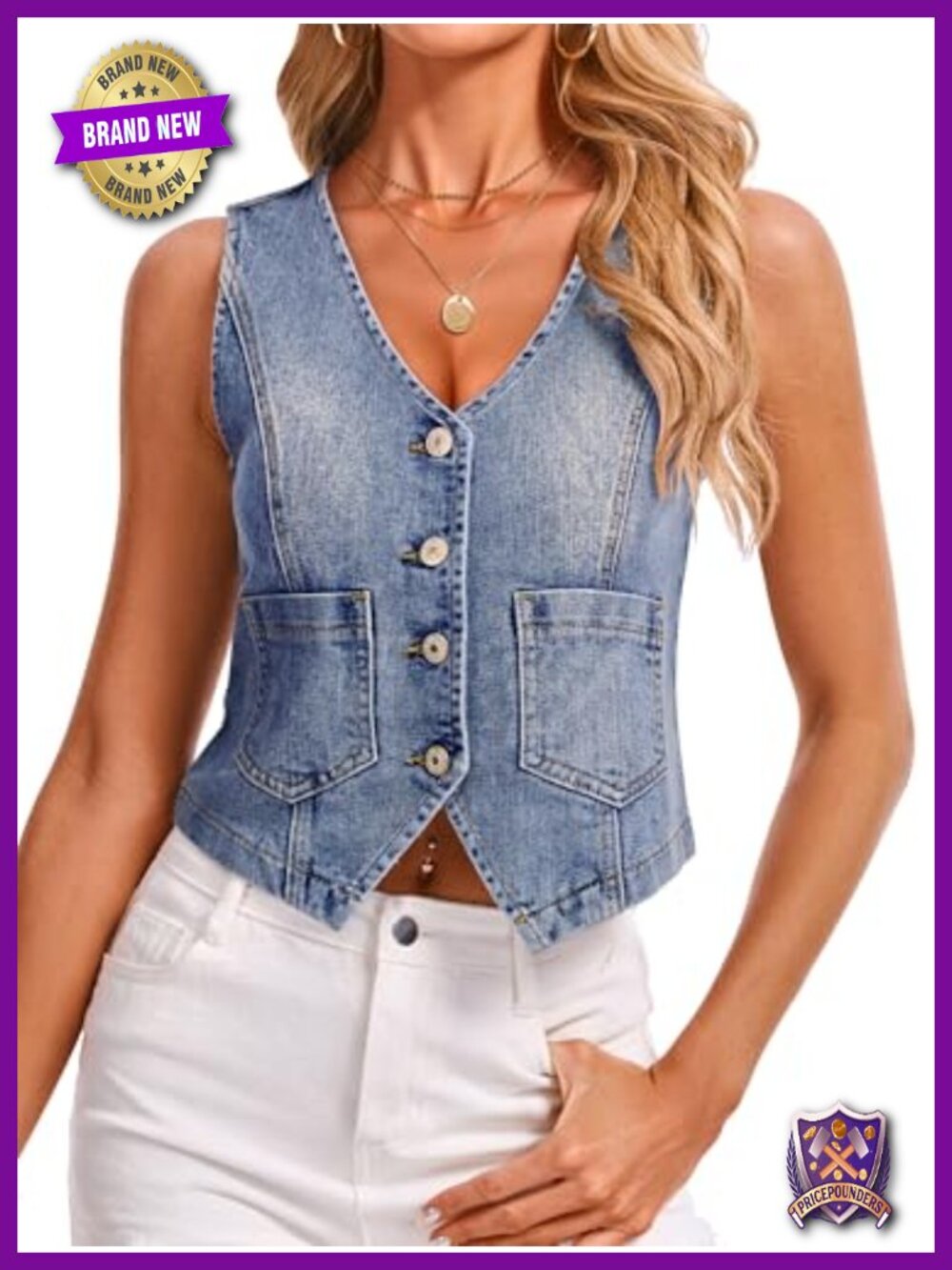 Cropped Denim Vest V Neck Sleeveless Button Down Utility Pocket